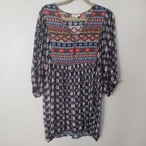 Umgee Boho Tribal Aztec Peasant Mini Dress, Size Large